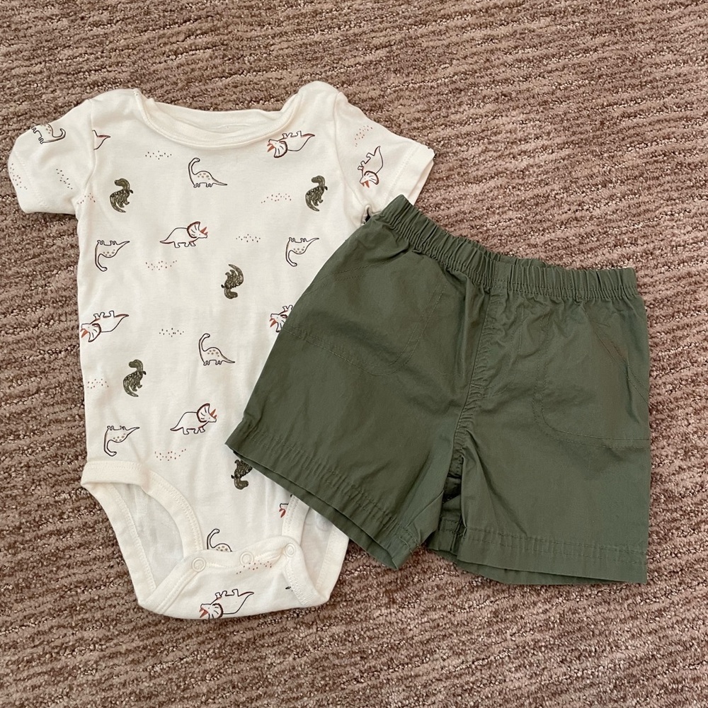 Carter's Dinosaur Print Bodysuit and Olive Shorts Set